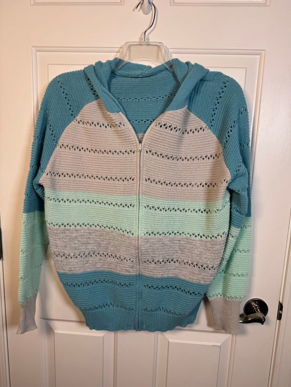 Shein Full Zip Colorblock Pointelle Hooded Cardigan Sweater Green Gray XL